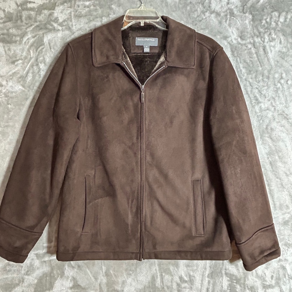Perry Ellis Portfolio Mens Brown Faux Suede Full Zip Faux Fur Lined Jacket M
